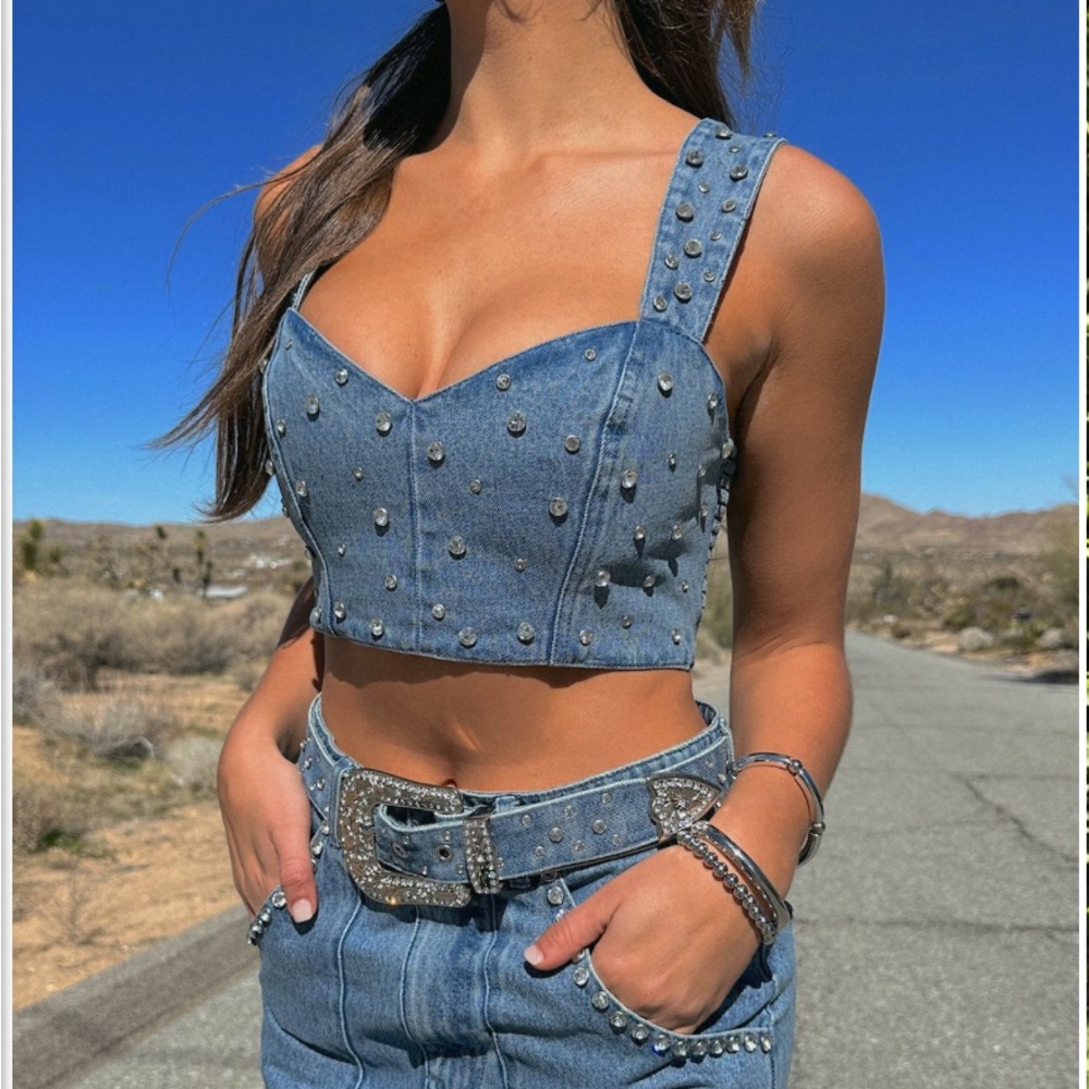 Show Me Your MuMu Denim Studded Crop Top
